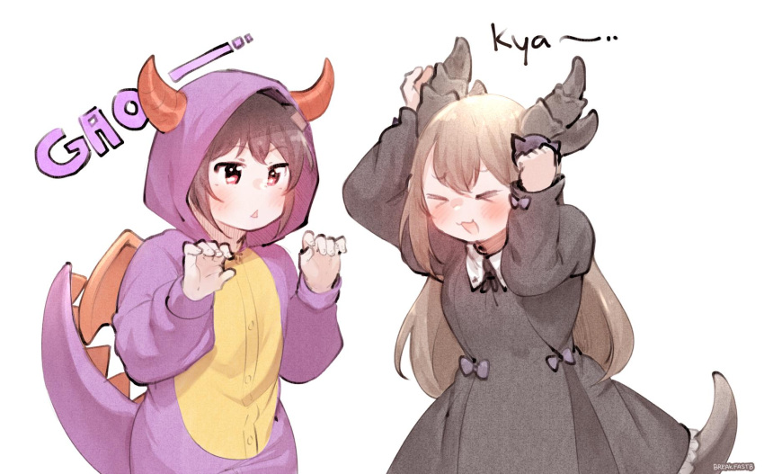 >_<, 2girls, :3, :d, animal_costume, artist_name, black_dress, black_hair