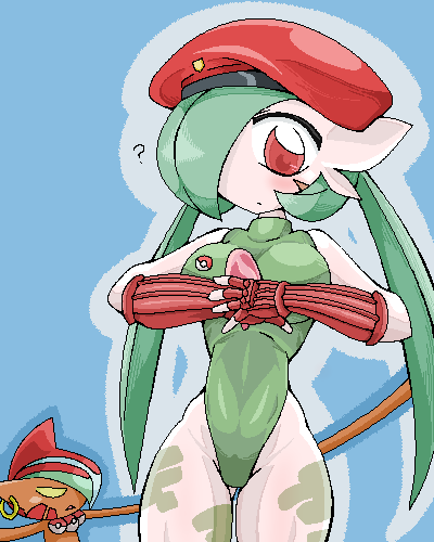cammy_white, cammy_white_(cosplay), clothed_pokemon, cosplay, costume, dhalsim, dhalsim_(cosplay), fusion, gallade, gardevoir, hat, leotard, lowres, nintendo, poke_ball, poke_ball_theme, pokemon, red_eyes, street_fighter, yellow_eyes