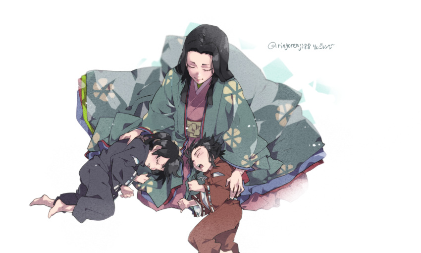 1girl, 2boys, brothers, closed_eyes, dororo_(tezuka), hyakkimaru_(dororo), japanese_clothes, kimono