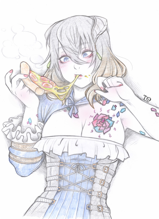 1girl, black_hair, bloodstained:_ritual_of_the_night, blue_eyes, blush, breasts, brown_hair, cheese