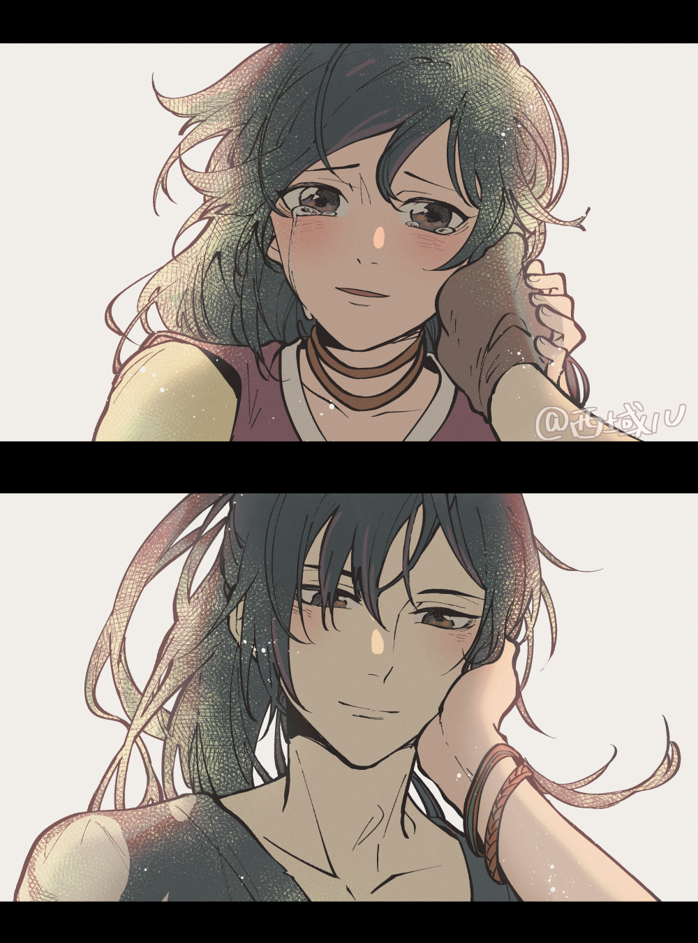 1boy, 1girl, bangs, brown_eyes, crying, crying_with_eyes_open, dororo_(character), dororo_(tezuka)