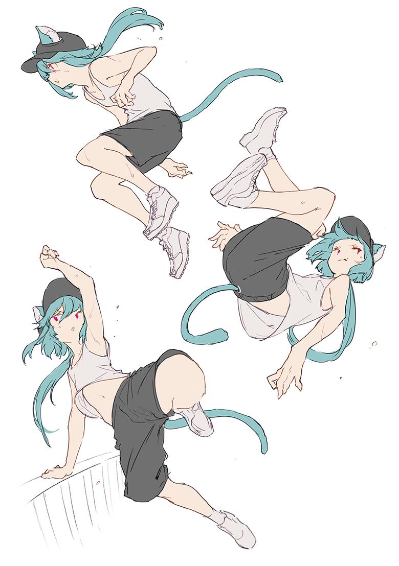 1girl, animal_ears, backflip, bangs, black_shorts, blue_hair, closed_mouth, commentary, hair_between_eyes, hat, jumping, looking_to_the_side, mogumo, multiple_views, original, parkour, parted_lips, red_eyes, shoelaces, shoes, short_hair, shorts, simple_background, sleeveless, sneakers, sweat, tail, white_background, white_footwear, white_legwear