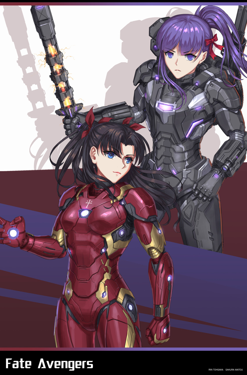 2girls, absurdres, asymmetrical_bangs, avengers, bangs, blue_eyes, brilliant_naraku, brown_hair