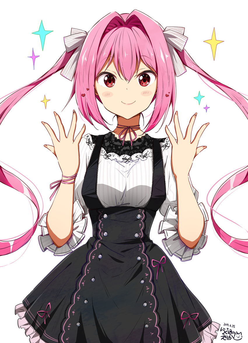 1girl, bangs, black_dress, blush_stickers, bow, breasts, brown_nails, chikanoko