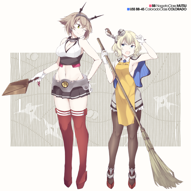 2girls, apron, black_gloves, black_legwear, black_skirt, blonde_hair, blue_eyes, blue_neckwear