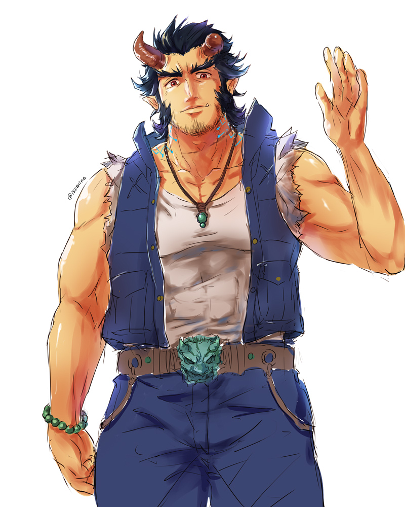 1boy, abs, bead_bracelet, beads, beard, belt, belt_buckle, black_hair