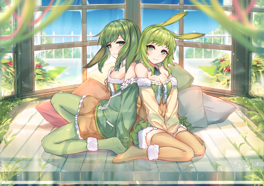 2girls, animal_ears, back-to-back, between_legs, blue_sky, blurry, blurry_foreground, blush