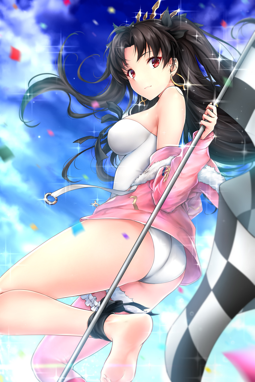 1girl, absurdres, ankle_ribbon, armlet, ass, bangs, bare_shoulders, barefoot