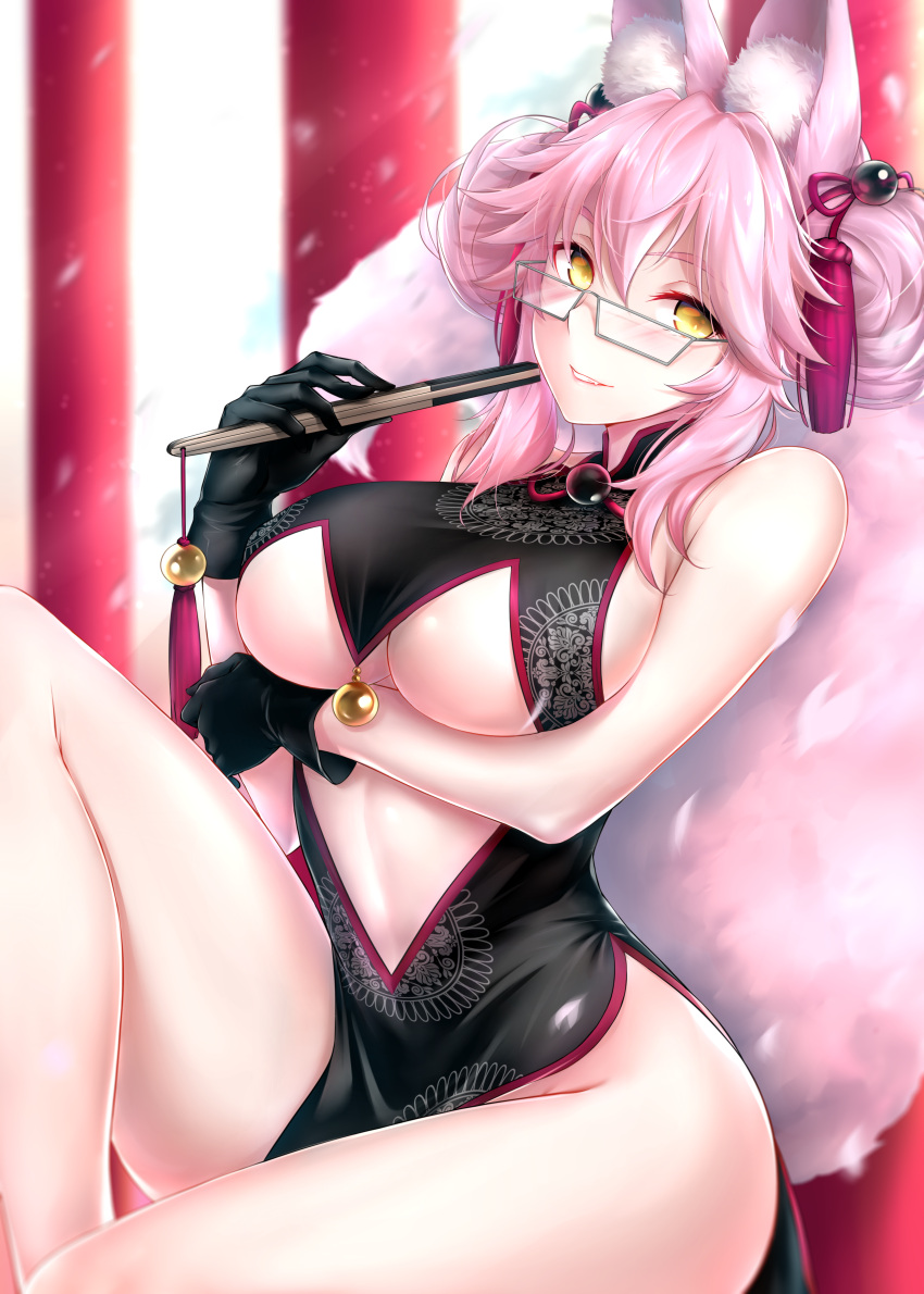 1girl, absurdres, bare_shoulders, bell, black_dress, black_gloves, blush, breasts
