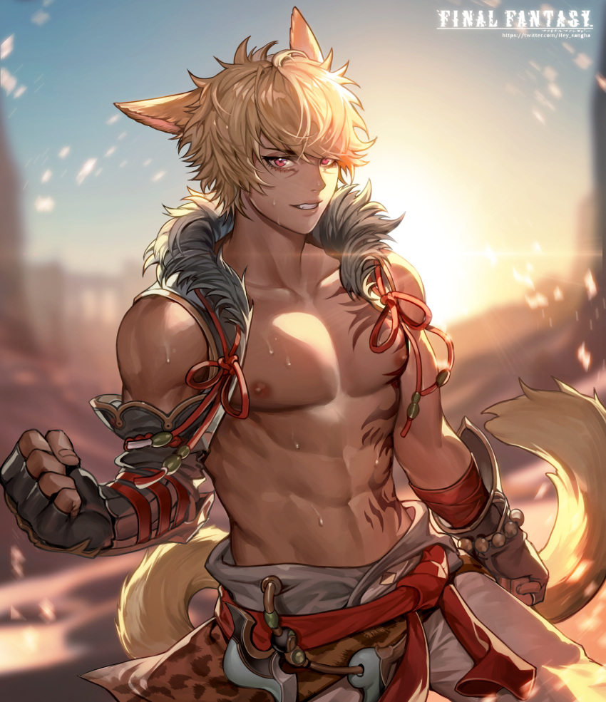 1boy, abs, absurdres, animal_ears, arm_at_side, backlighting, bangs, bare_shoulders