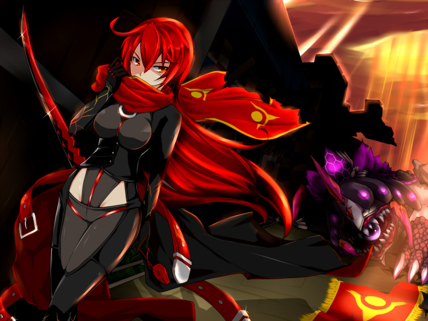 1girl, black_footwear, black_gloves, black_legwear, bodysuit, breasts, dark_knight_(elsword), elesis_(elsword)