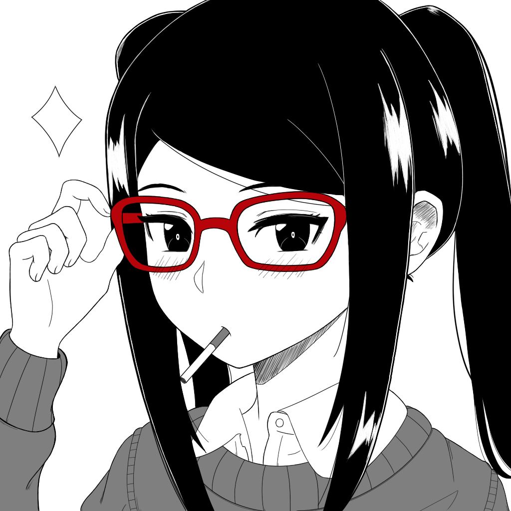 1girl, adjusting_eyewear, alzcats, bangs, bespectacled, black_hair, blush, cardigan