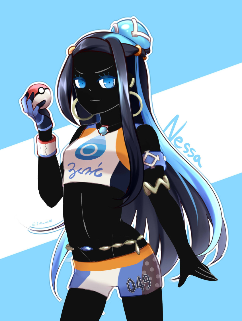 >:), 1girl, absurdres, belly_chain, black_hair, black_skin, blue_background, blue_eyes, blue_gloves, blue_hair, character_name, commentary, cowboy_shot, crop_top, doyagao, earrings, english_commentary, ewewe01, gloves, groin, gym_leader, hand_up, highres, holding, holding_poke_ball, hoop_earrings, jewelry, long_hair, lowleg, lowleg_shorts, midriff, multicolored_hair, outline, pendant, poke_ball, poke_ball_(generic), pokemon, pokemon_(game), pokemon_swsh, rurina_(pokemon), satire, short_shorts, shorts, simple_background, single_glove, smirk, solo, streaked_hair, swimsuit, tankini, twitter_username, two-tone_background, two-tone_hair, very_long_hair, white_background, white_outline, wristband