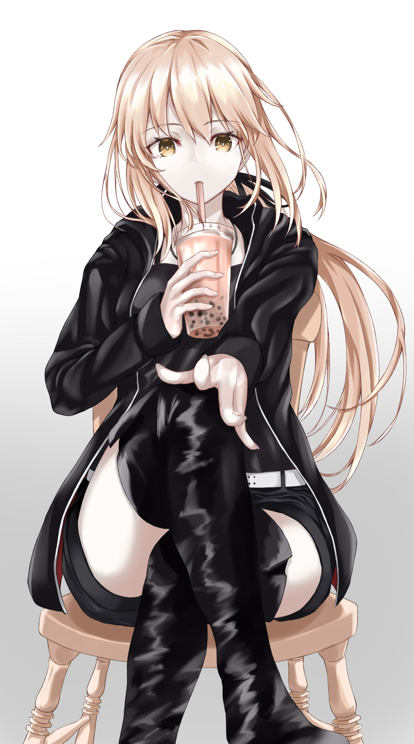 1girl, absurdres, artoria_pendragon_(all), black_footwear, black_ribbon, blonde_hair, boots, bubble_tea, chair, crossed_legs, drinking_straw, fate/grand_order, fate_(series), fingernails, grey_background, hair_ribbon, highres, long_fingernails, long_hair, looking_at_viewer, outstretched_arm, ponytail, raised_eyebrows, ribbon, saber_alter, short_hair, solo, thigh-highs, thigh_boots, thighs, yellow_eyes, yu_sa1126