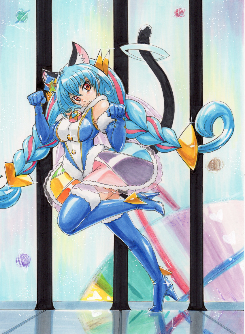 1girl, absurdres, aqua_hair, boots, brown_eyes, cure_cosmo, elbow_gloves, gloves
