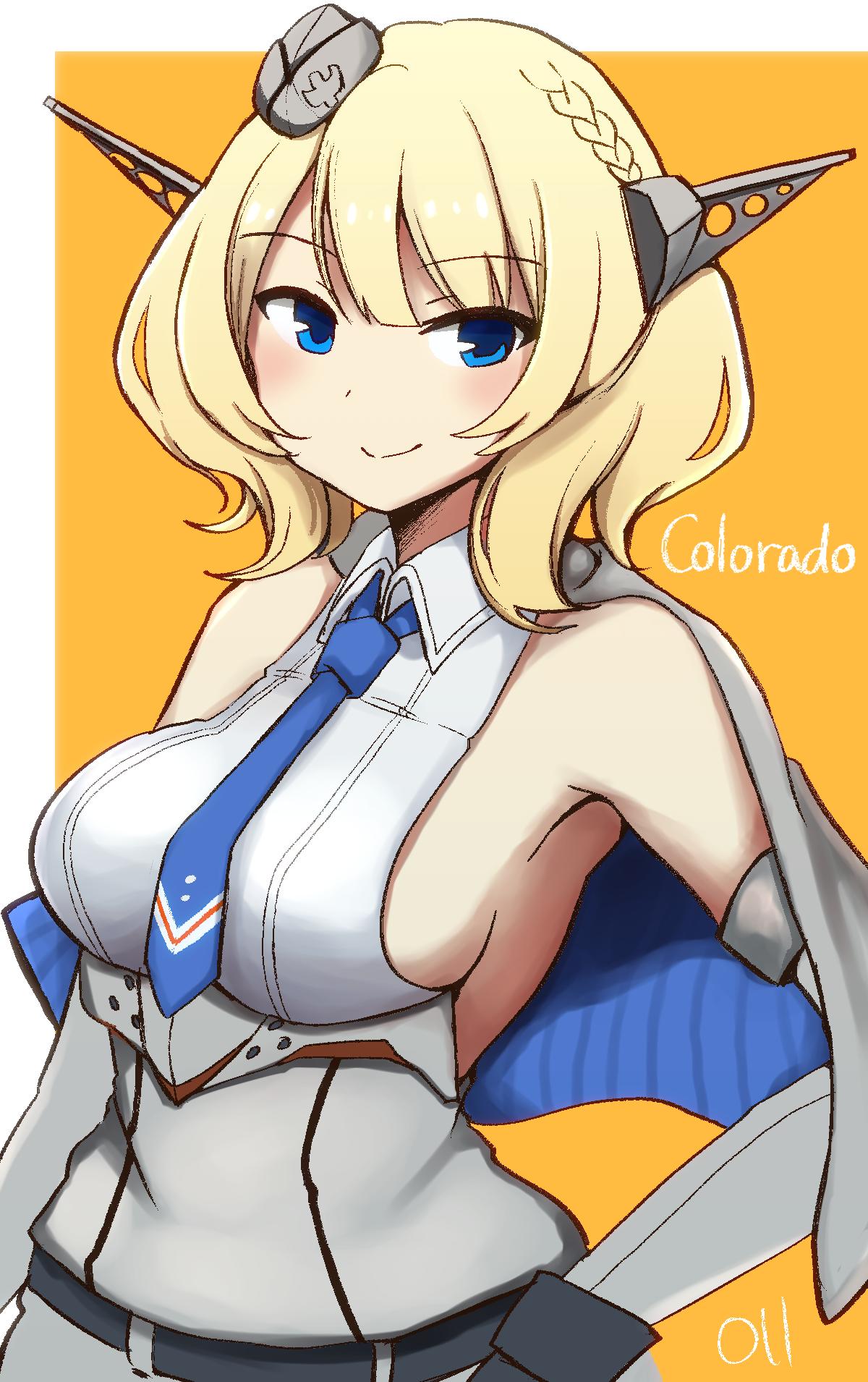 1girl, bangs, blonde_hair, blue_eyes, blue_neckwear, blush, braid, breasts