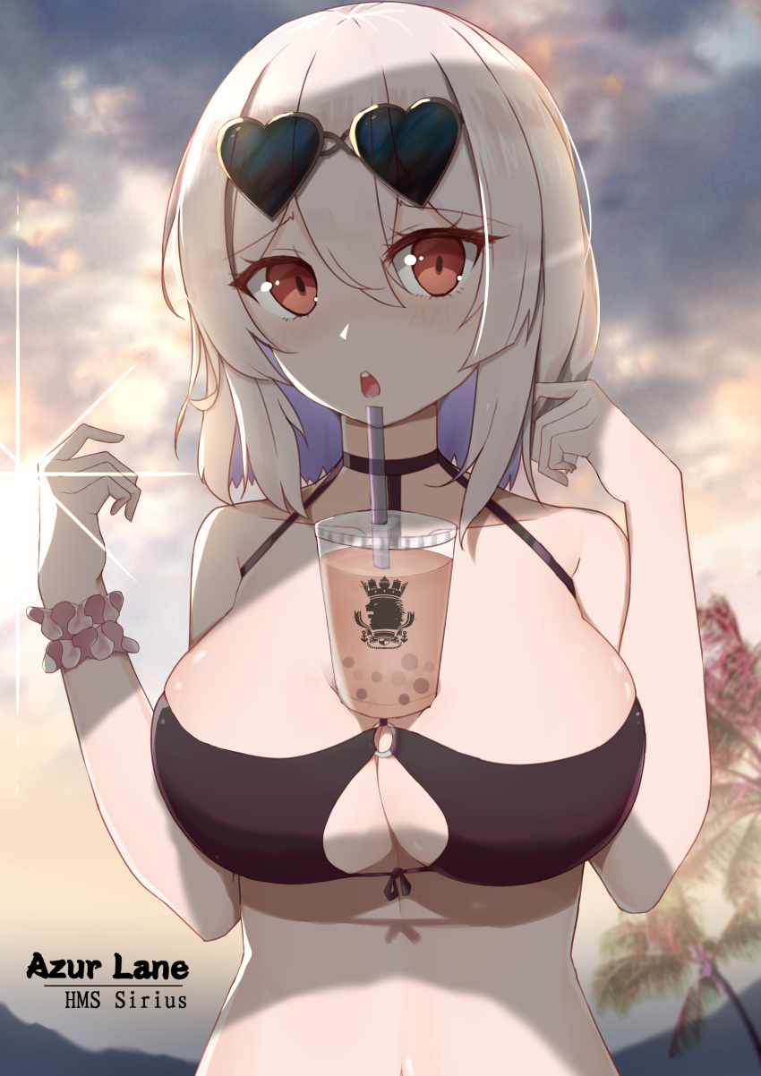 1girl, absurdres, alternate_costume, azur_lane, bangs, bare_shoulders, black-framed_eyewear, black_bikini_top, black_choker, breasts, bubble_tea, bubble_tea_challenge, character_name, choker, clouds, cloudy_sky, collarbone, copyright_name, cup, day, disposable_cup, drinking_straw, eyebrows_visible_through_hair, eyelashes, eyewear_on_head, fengyue_jiang, front-tie_bikini, front-tie_top, hair_between_eyes, hand_in_hair, hands_up, heart, heart-shaped_eyewear, highres, large_breasts, looking_at_viewer, navel, o-ring, o-ring_bikini, o-ring_top, object_on_breast, open_mouth, outdoors, palm_tree, red_eyes, round_teeth, scrunchie, shadow, short_hair, sirius_(azur_lane), sirius_(midsummer_seirios)_(azur_lane), sky, solo, sun, sunglasses, sunlight, teeth, tongue, tree, upper_body, white_hair, white_scrunchie, wrist_scrunchie