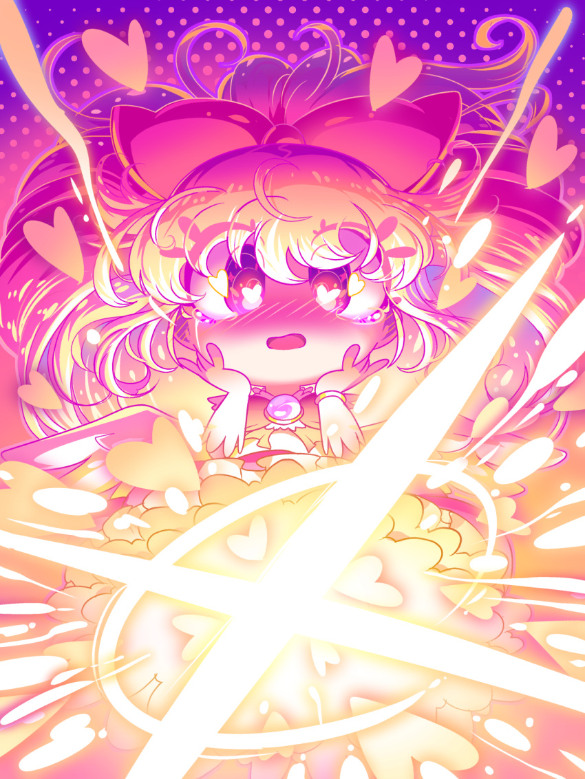 1boy, berryverrine, blush, bokura_wa_mahou_shounen, bow, bracelet, crossdressinging, frilled_skirt, frills, gem, gloves, hair_bow, hands_on_own_cheeks, hands_on_own_face, heart, heart-shaped_pupils, highres, jewelry, long_hair, magical_girl, male_focus, odagiri_kaito, open_mouth, pink_hair, ponytail, skirt, symbol-shaped_pupils, tears, tokimeki_pink, very_long_hair