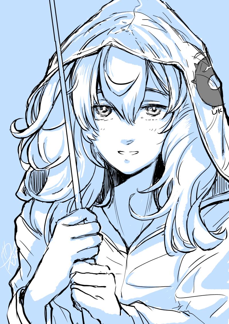 1girl, alternate_costume, bangs, blue_background, blush, enemy_lifebuoy_(kantai_collection), gambier_bay_(kantai_collection), hair_between_eyes