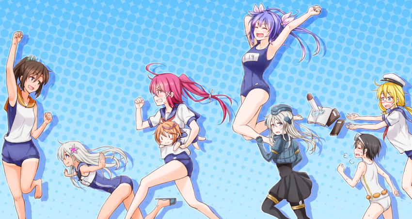 6+girls, :d, :p, ahoge, anti_(untea9), bangs, bare_shoulders, barefoot, black_hair, blonde_hair, blue_eyes, blue_hair, blush, blush_stickers, book, breasts, brown_eyes, brown_hair, chibi, closed_eyes, closed_mouth, collarbone, commentary_request, crop_top, cropped_jacket, diving_mask, dual_persona, eyebrows_visible_through_hair, fang, flotation_belt, flower, garrison_cap, glasses, hair_between_eyes, hair_flower, hair_ornament, hair_ribbon, hairclip, hat, holding, i-168_(kantai_collection), i-19_(kantai_collection), i-401_(kantai_collection), i-58_(kantai_collection), i-8_(kantai_collection), kantai_collection, large_breasts, long_hair, long_sleeves, low_twintails, maru-yu_(kantai_collection), military, military_uniform, multiple_girls, name_tag, one-piece_swimsuit, one-piece_tan, open_mouth, orange_hair, outstretched_arms, pantyhose, peaked_cap, ponytail, puffy_long_sleeves, puffy_sleeves, red-framed_eyewear, redhead, ribbon, ro-500_(kantai_collection), running, sailor_collar, sailor_hat, school_swimsuit, school_uniform, semi-rimless_eyewear, serafuku, short_hair, short_ponytail, short_sleeves, shorts, simple_background, smile, standing, swimsuit, swimsuit_under_clothes, tan, tanline, tongue, tongue_out, torpedo, tri_tails, twintails, u-511_(kantai_collection), under-rim_eyewear, uniform, white_hair
