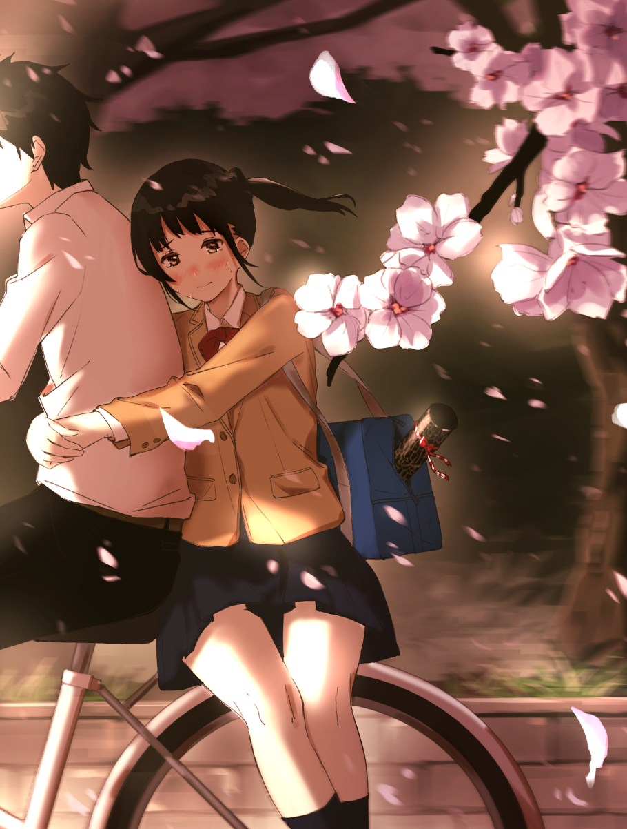 1boy, 1girl, bag, bicycle, black_hair, black_legwear, black_pants, black_skirt