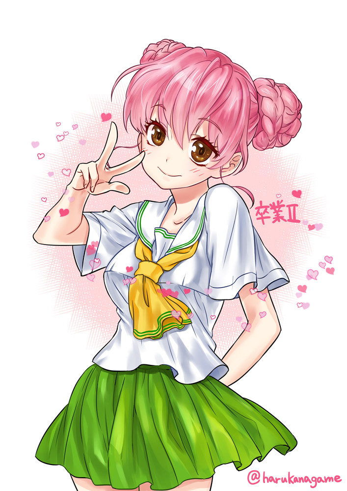 1girl, arm_behind_back, asami_juusuke, blush, brown_eyes, double_bun, game_console, graduation_(series)