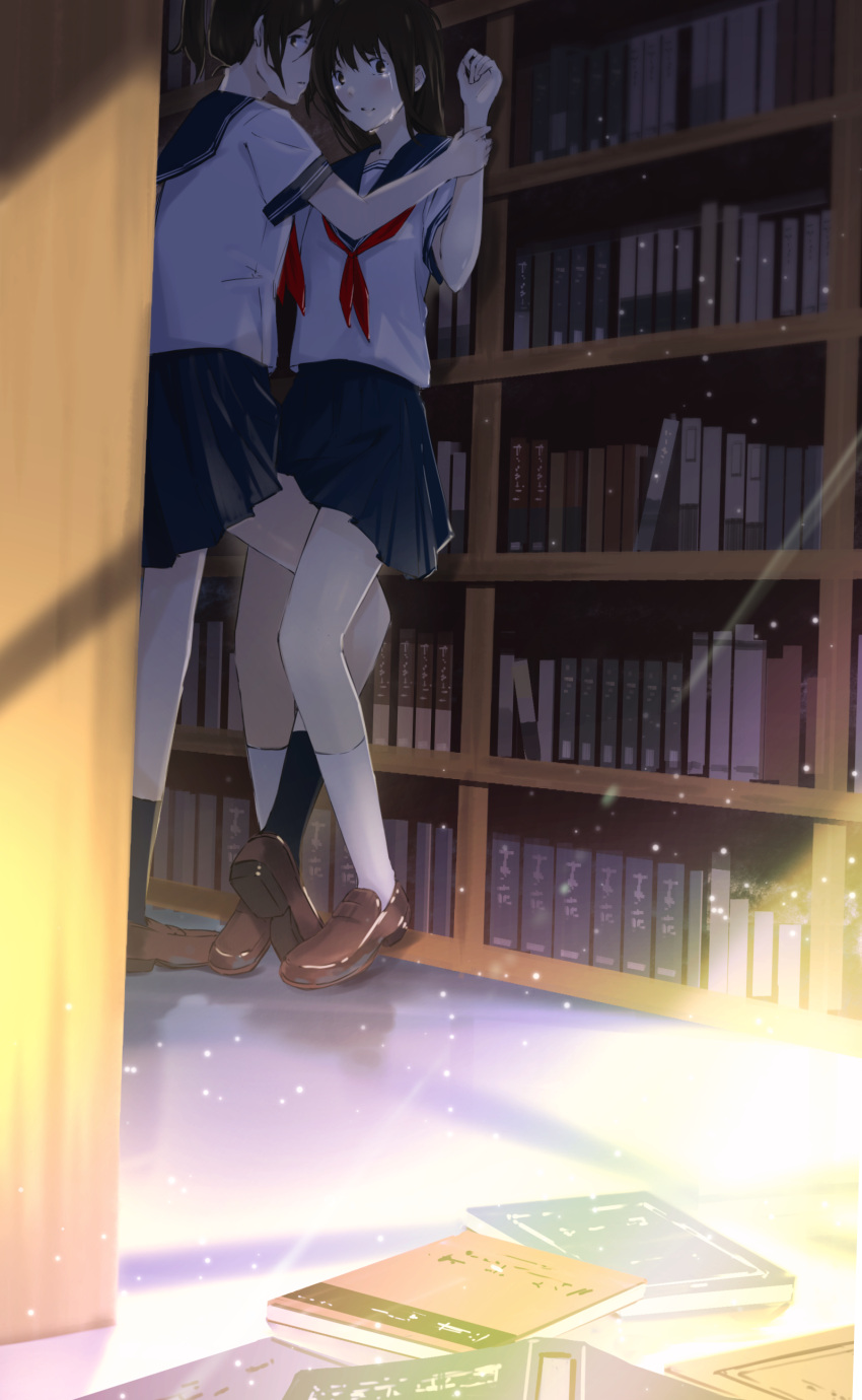 2girls, absurdres, black_legwear, book, bookshelf, brown_footwear, brown_hair, crying