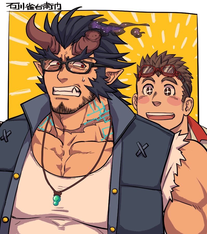 2boys, bara, beard, black_hair, chest, facial_hair, fang, gesusuzume, glasses, horns, jewelry, male_focus, multiple_boys, muscle, necklace, pectorals, simple_background, sweatdrop, takemaru_(tokyo_houkago_summoners), tank_top, teeth, tokyo_houkago_summoners