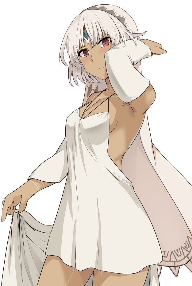 1girl, altera_(fate), armpits, bangs, bare_shoulders, blush, breasts, closed_mouth, collarbone, commentary_request, cowboy_shot, dark_skin, detached_sleeves, dress, fate/extra, fate/grand_order, fate_(series), hair_between_eyes, heroic_spirit_formal_dress, looking_at_viewer, red_eyes, shiseki_hirame, simple_background, small_breasts, solo, standing, white_background, white_dress, white_hair