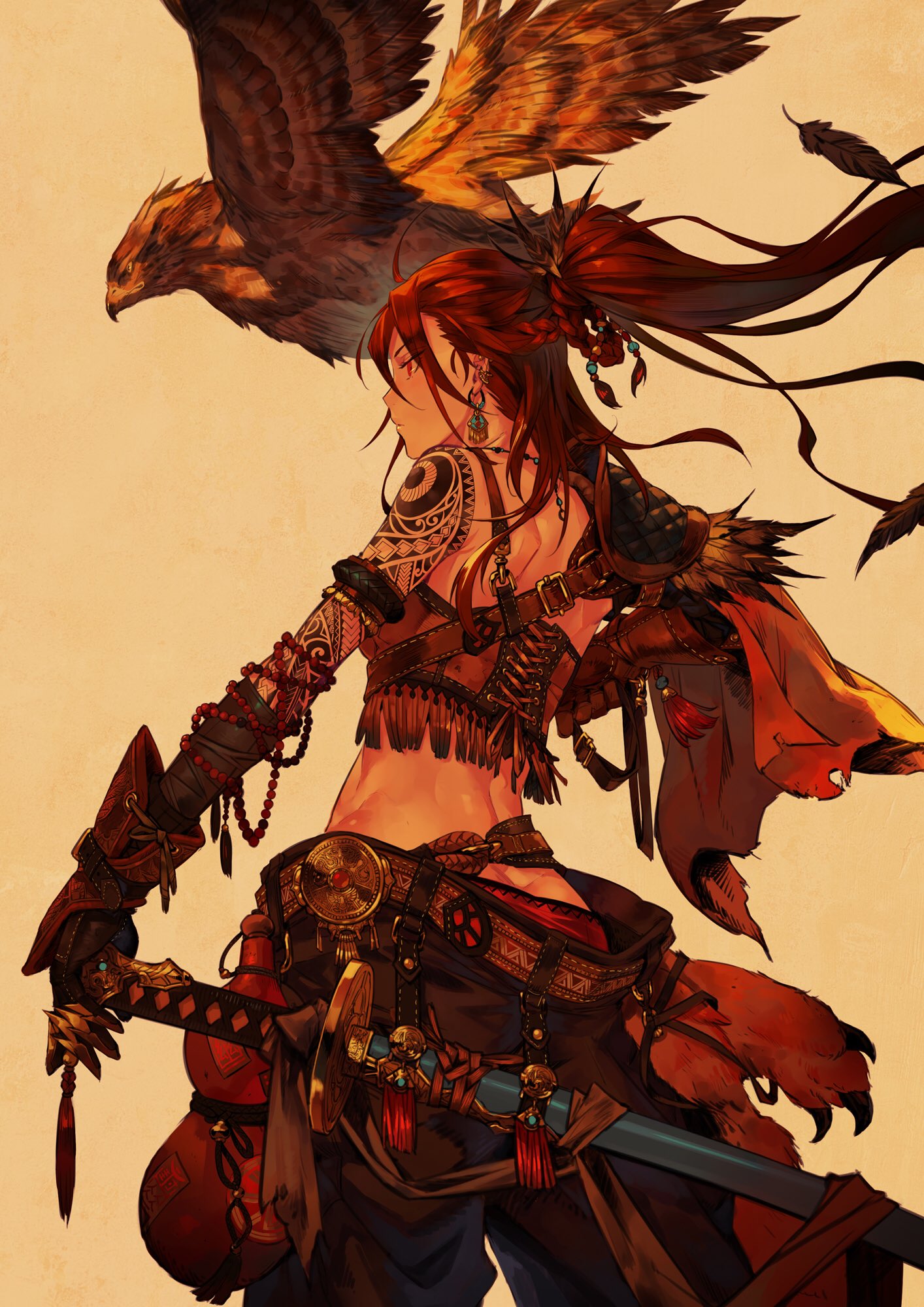 1girl, animal, arm_tattoo, armlet, asymmetrical_sleeves, bare_shoulders, beads, belt