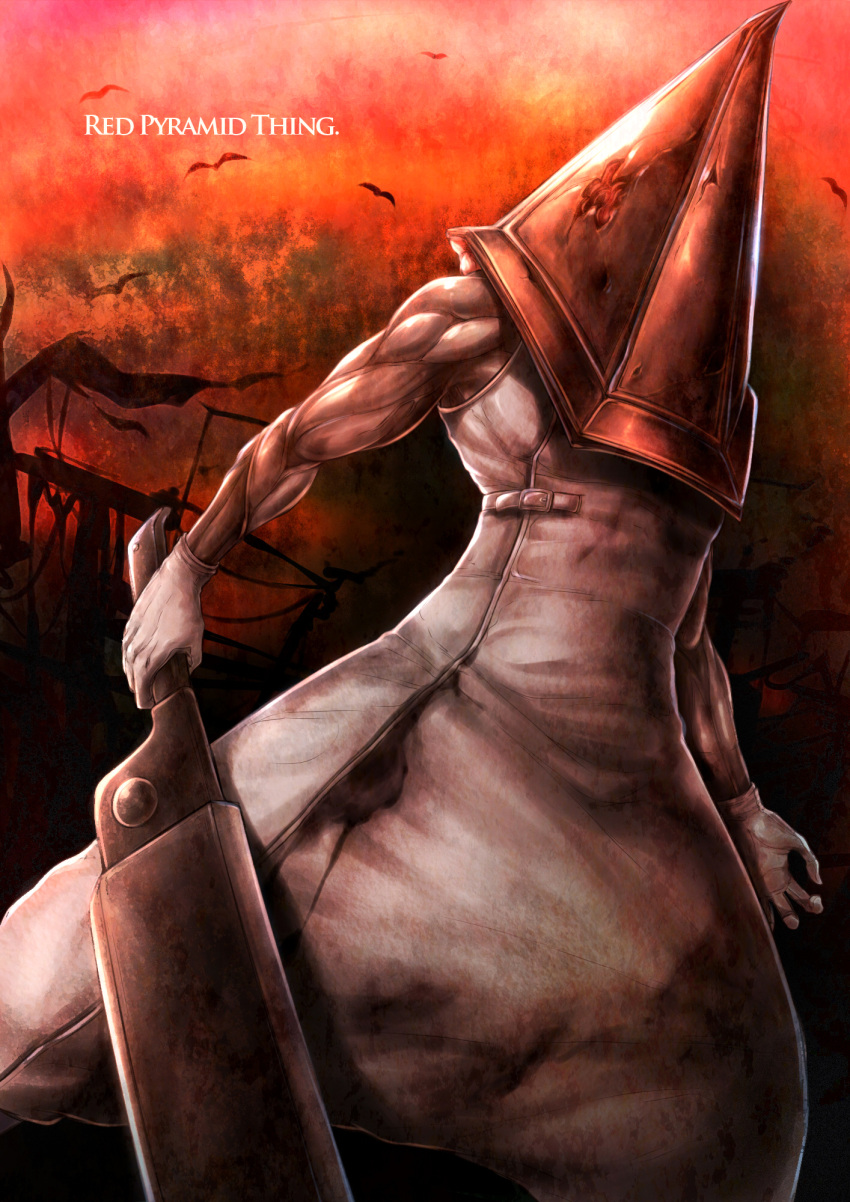 1boy, apron, bird, commentary_request, gloves, great_knife, hat, helmet