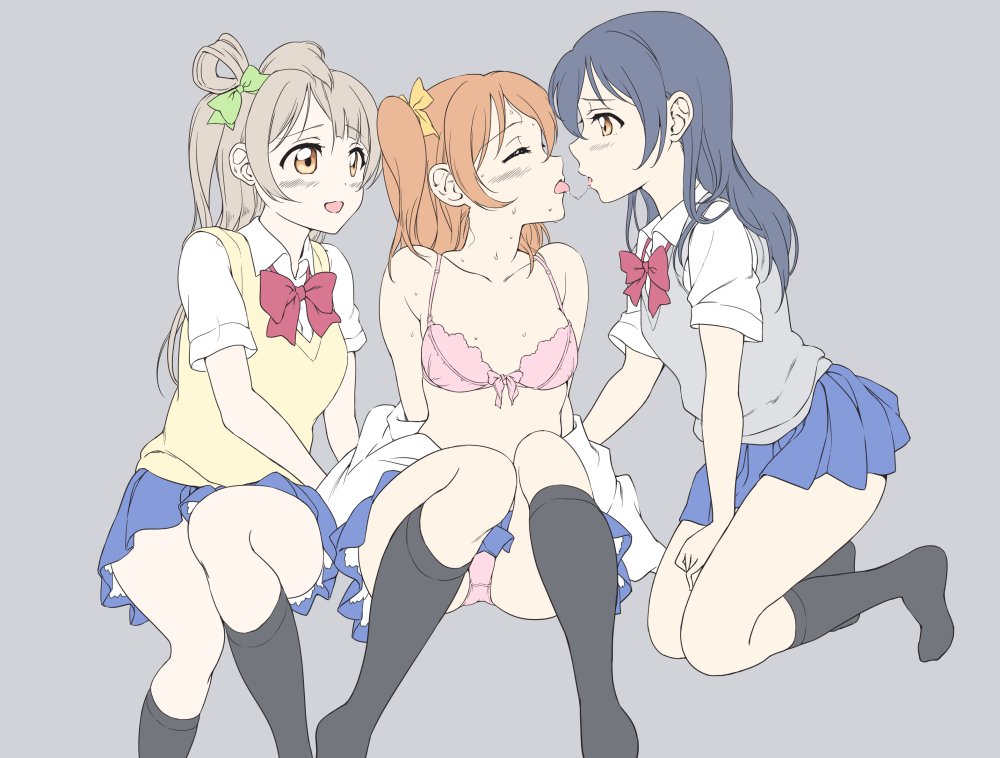3girls, assisted_exposure, bangs, blue_hair, blush, bow, bra, closed_eyes
