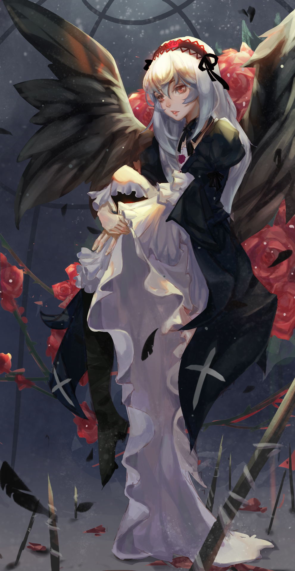 1girl, black_legwear, black_wings, brown_eyes, commentary_request, dress, floating, flower, full_body, gothic_lolita, grey_background, hairband, highres, joan82610, juliet_sleeves, levitation, lolita_fashion, lolita_hairband, long_hair, long_sleeves, planted_weapon, puffy_sleeves, red_eyes, rose, rozen_maiden, silver_hair, solo, suigintou, weapon, wide_sleeves, wings