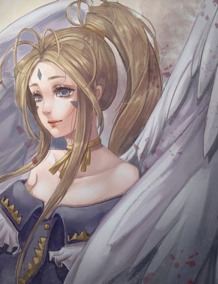 1girl, aa_megami-sama, angel_wings, antenna_hair, bare_shoulders, belldandy, blue_eyes, breasts, brown_hair, commentary_request, facial_mark, forehead_mark, high_ponytail, joan82610, long_hair, sidelocks, solo, upper_body, white_wings, wings