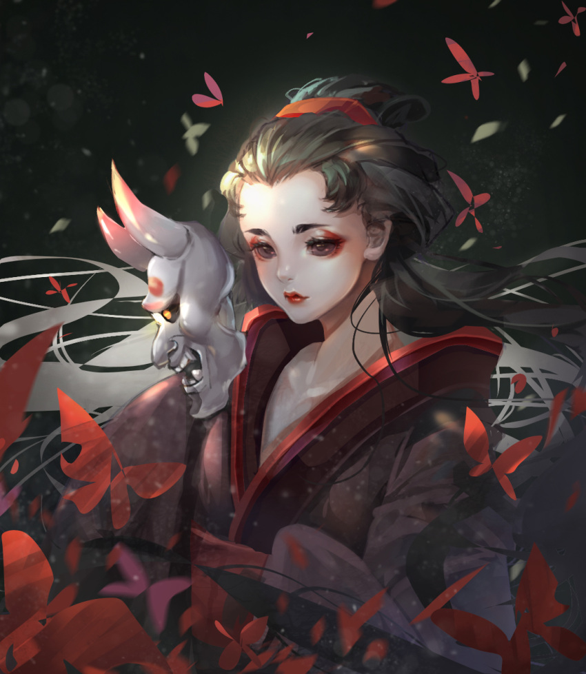1girl, black_background, black_eyes, bug, butterfly, hairband, highres, identity_v