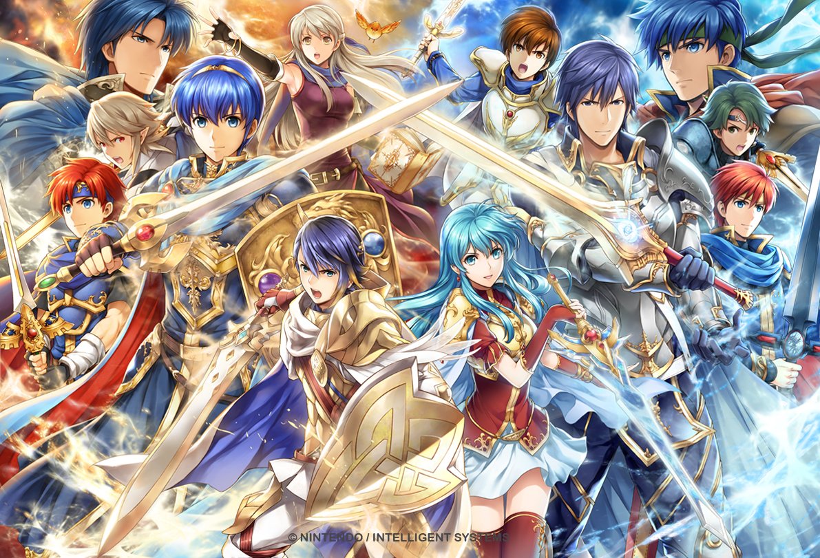2girls, 6+boys, alfonse_(fire_emblem), alm_(fire_emblem), aqua_hair, armor, armpits, bangle