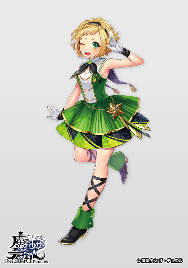 1girl, ;d, arm_up, bangs, bare_shoulders, black_footwear, black_hair, black_neckwear, blonde_hair, blush, boots, breasts, character_request, copyright_name, dress, full_body, gloves, green_dress, green_eyes, grey_background, high_heel_boots, high_heels, matsurika_youko, official_art, one_eye_closed, open_mouth, short_eyebrows, short_hair, simple_background, sleeveless, sleeveless_dress, small_breasts, smile, solo, standing, standing_on_one_leg, the_caster_chronicles, thick_eyebrows, watermark, white_gloves