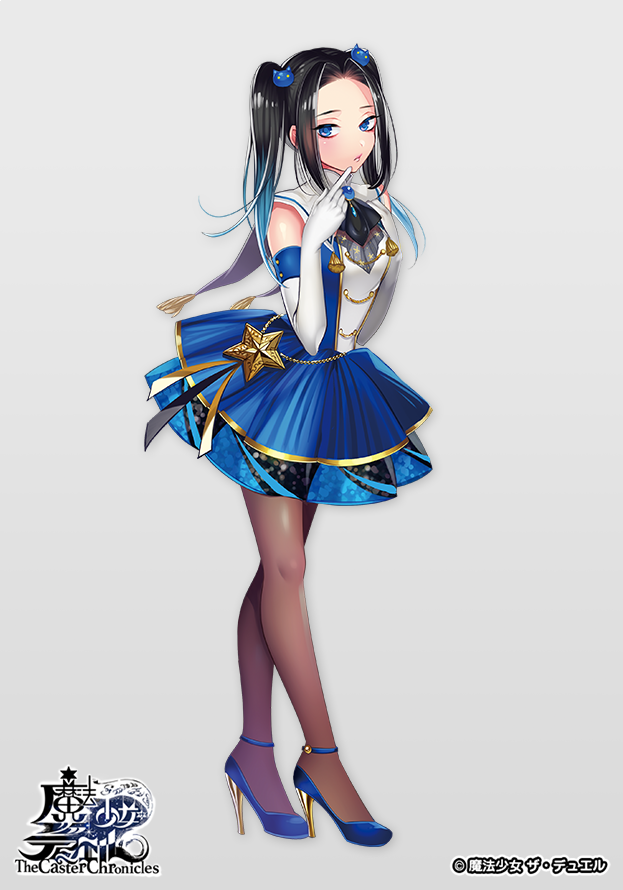 1girl, bangs, bare_shoulders, black_hair, blue_dress, blue_footwear, brown_legwear, character_request, copyright_name, dress, elbow_gloves, finger_to_mouth, forehead, full_body, gloves, grey_background, hair_ornament, hand_up, high_heels, matsurika_youko, official_art, pantyhose, parted_bangs, parted_lips, sidelocks, simple_background, sleeveless, sleeveless_dress, solo, standing, the_caster_chronicles, twintails, watermark, white_gloves