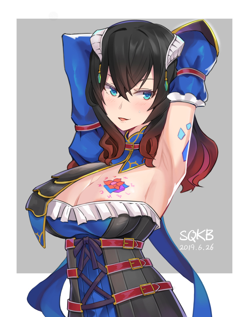 1girl, absurdres, armpits, black_hair, bloodstained:_ritual_of_the_night, blue_eyes, breasts, brown_hair, detached_sleeves, gauntlets, gradient_hair, hair_between_eyes, hair_ornament, highres, horns, looking_at_viewer, miriam_(bloodstained), multicolored_hair, pale_skin, shi_qi_kuang_beng, short_hair, smile, solo, stained_glass, tattoo