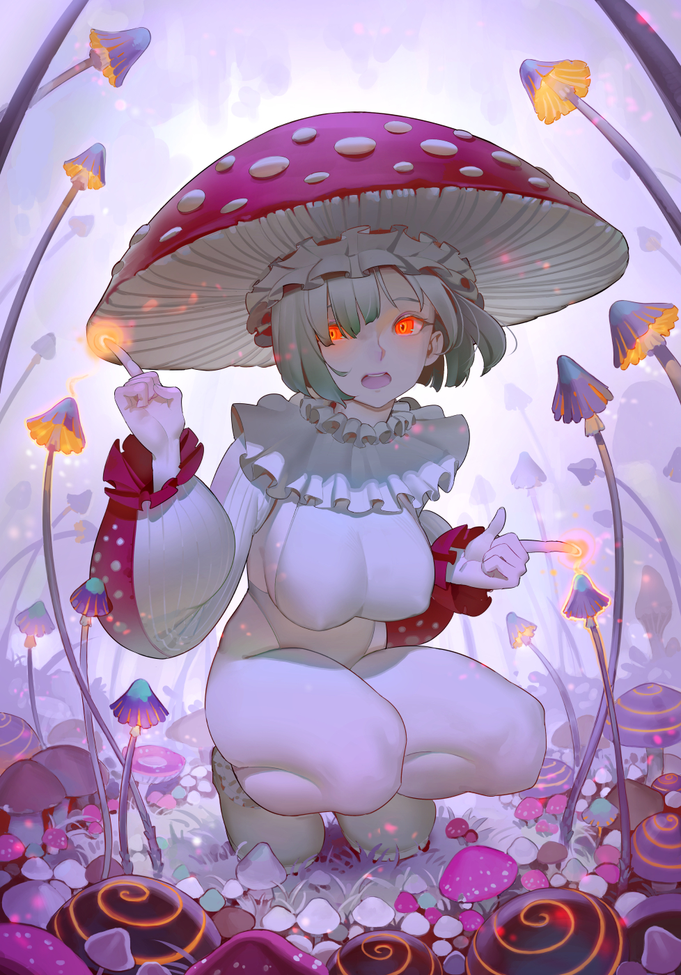 1girl, bangs, blush, breasts, covered_nipples, fly_agaric, full_body, glowing, glowing_eyes, highres, index_finger_raised, large_breasts, leotard, long_sleeves, monster_girl, mushroom, mushroom_girl, mushroom_hat, neck_ruff, on_ground, open_mouth, original, outdoors, red_eyes, short_hair, sideboob, solo, squatting, thighs, tim_loechner, white_hair, white_leotard