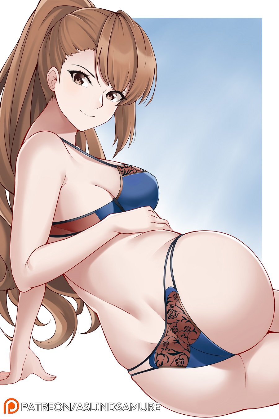 1girl, arm_support, aslindsamure, ass, bangs, beatrix_(granblue_fantasy), blue_bra, blue_panties