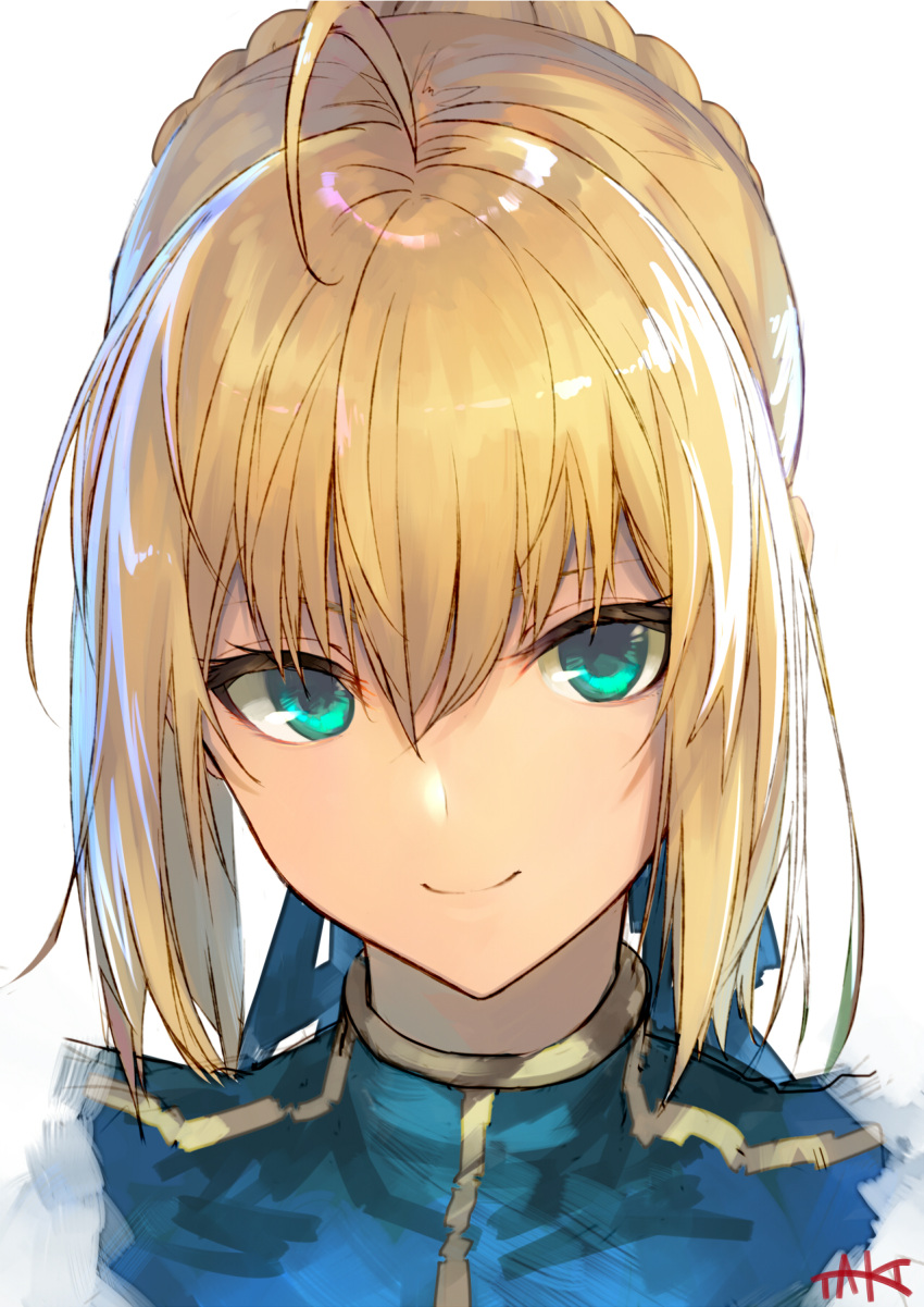 1girl, ahoge, artoria_pendragon_(all), bangs, blonde_hair, blue_dress, blue_ribbon, braid