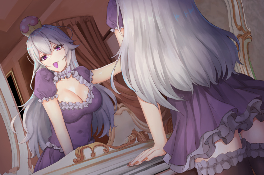 1girl, black_legwear, breasts, cleavage_cutout, crown, dress, fang, frills