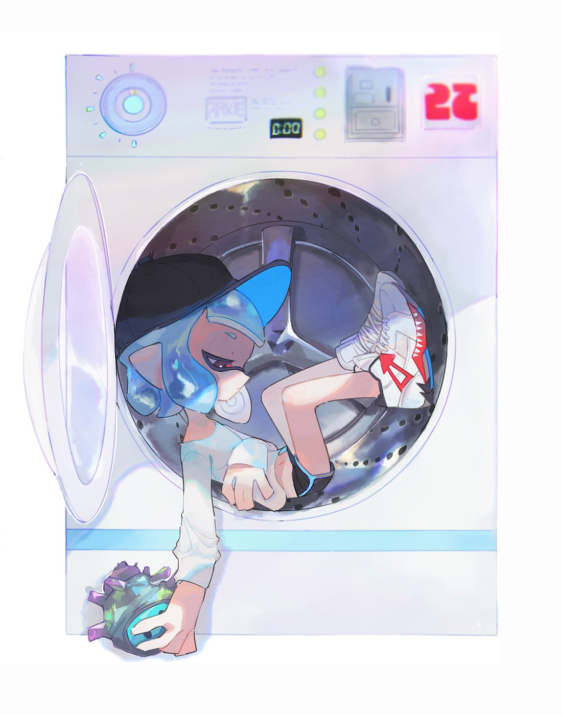 1girl, hat, highres, holding, inkling, inside, long_sleeves, lying