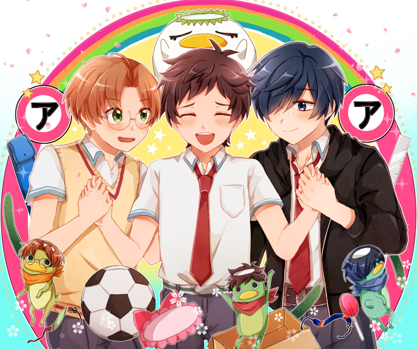 3boys, alternate_form, ball, black_hair, blue_eyes, blush, box, brown_hair, candy, closed_eyes, cucumber, facing_viewer, food, freckles, glasses, highres, holding_hands, jinnai_enta, kappa, keppi, kuji_toi, lollipop, looking_at_another, male_focus, misanga, multiple_boys, necktie, pocket, red_neckwear, sarazanmai, school_uniform, shirt, short_sleeves, sje5_t, smile, soccer_ball, star, vest, white_shirt, yasaka_kazuki