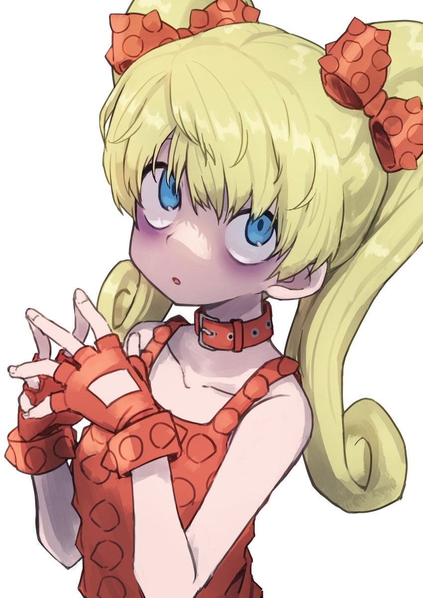 1girl, bags_under_eyes, bare_shoulders, blonde_hair, blue_eyes, bow, bracelet, collar