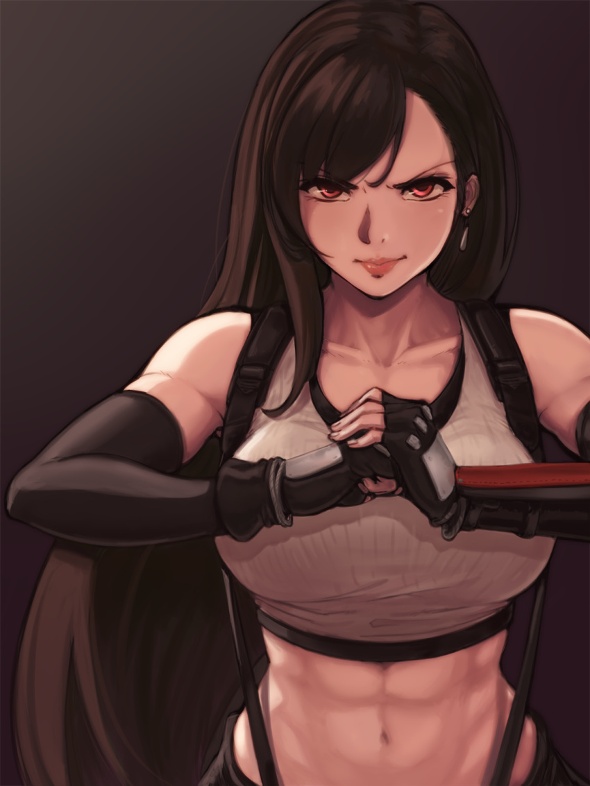 1girl, abs, bare_shoulders, bloopiest, breasts, brown_eyes, brown_hair, clenched_hand, crop_top, earrings, elbow_gloves, final_fantasy, final_fantasy_vii, final_fantasy_vii_remake, glaring, gloves, highres, jewelry, lips, long_hair, looking_at_viewer, low-tied_long_hair, medium_breasts, midriff, skirt, solo, stomach, suspenders, tank_top, tifa_lockhart, toned, undershirt, upper_body