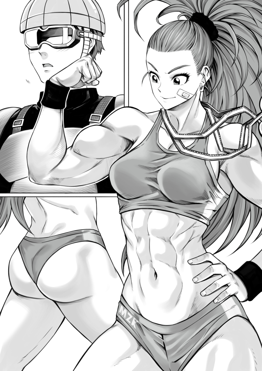 1boy, 1girl, abs, ass, bandaid, bandaid_on_face, blush, breasts