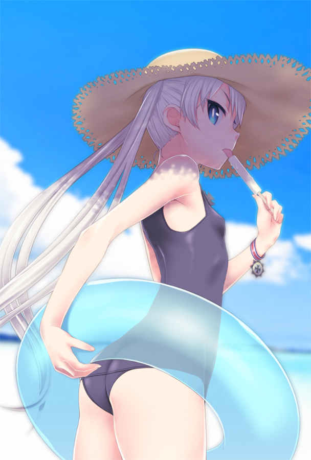 1girl, beach, black_school_swimsuit, blue_eyes, blue_sky, blurry, blurry_background, breasts