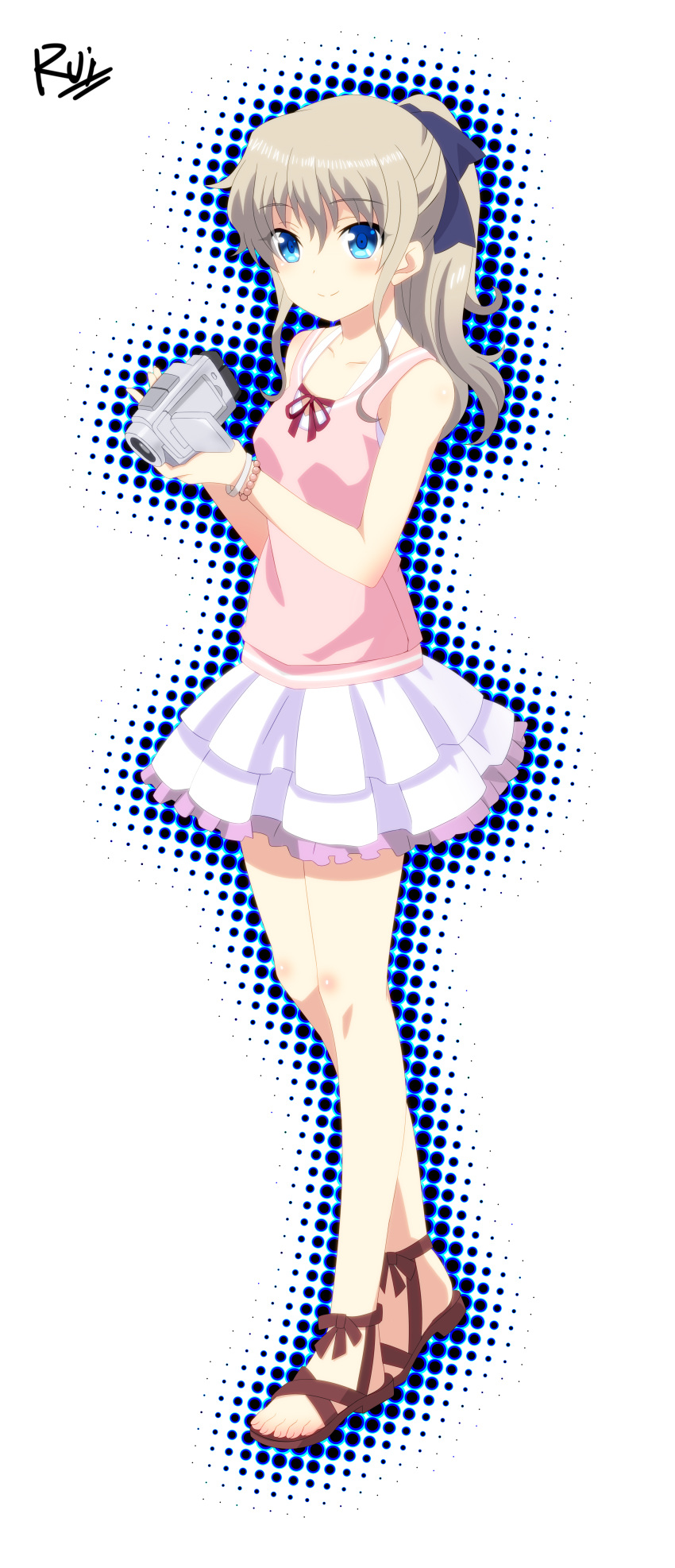 1girl, absurdres, ankle_ribbon, bangs, black_bow, blue_eyes, blush, bow